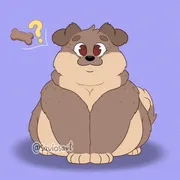 Drawing of my OC, Francis the dog. He sits, looking at you happily. There is a speech bubble next to him with a dog snack and question mark.