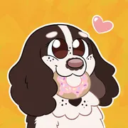 An icon of Rustywolf14's OC, Rust Pup, happily eating a donut.