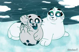 Drawing of my OCs, Oscar and Diana the seals as feral seals. The siblings are posing for the camera. Oscar is waving his flipper.