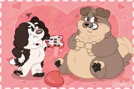 Valentine Drawing of my OC, Francis the doggo, and Rustywolf14's OC, Rust Pup. Rust Pup is holding opened chocolate box, with many chocolates missing. She's looking unamused at Francis, who's bashfully looking away. There's chocolate smeared on his lips.